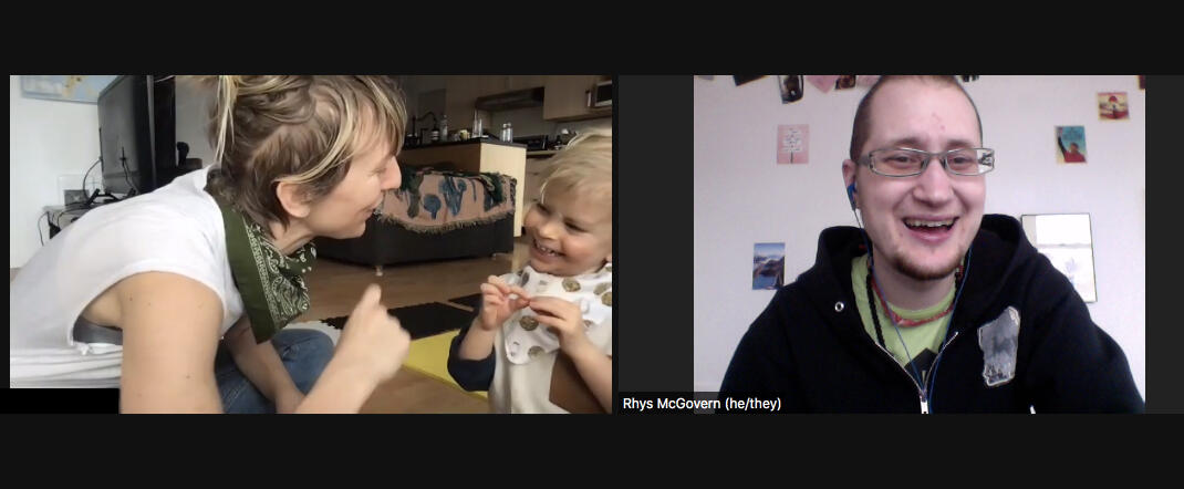 Screenshot of a zoom call with Rhys on the right and a young blond boy and his mother on the left. The boy is smiling and signing 'more'